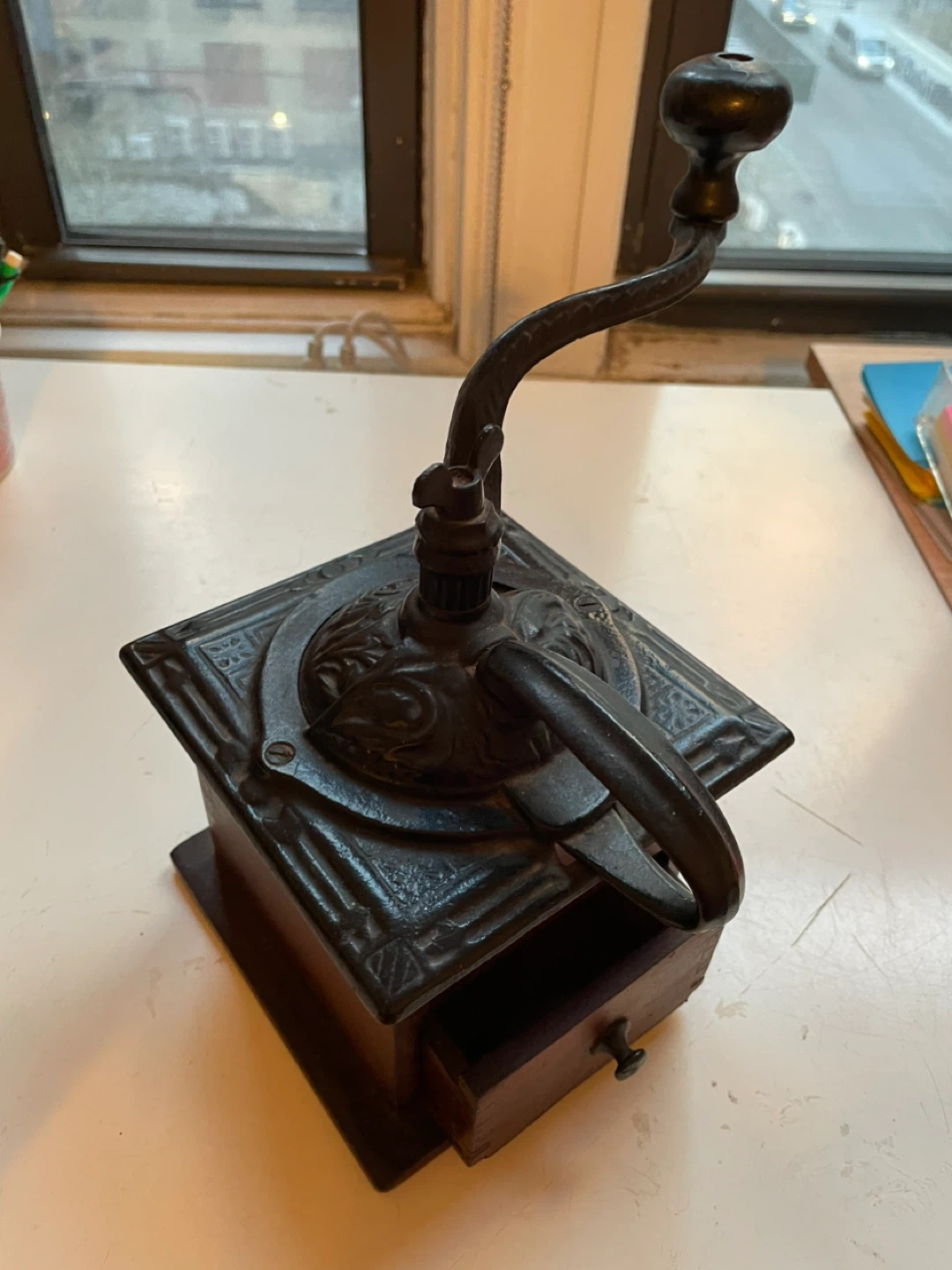 Vintage Manual Coffee Grinder with Wooden Base