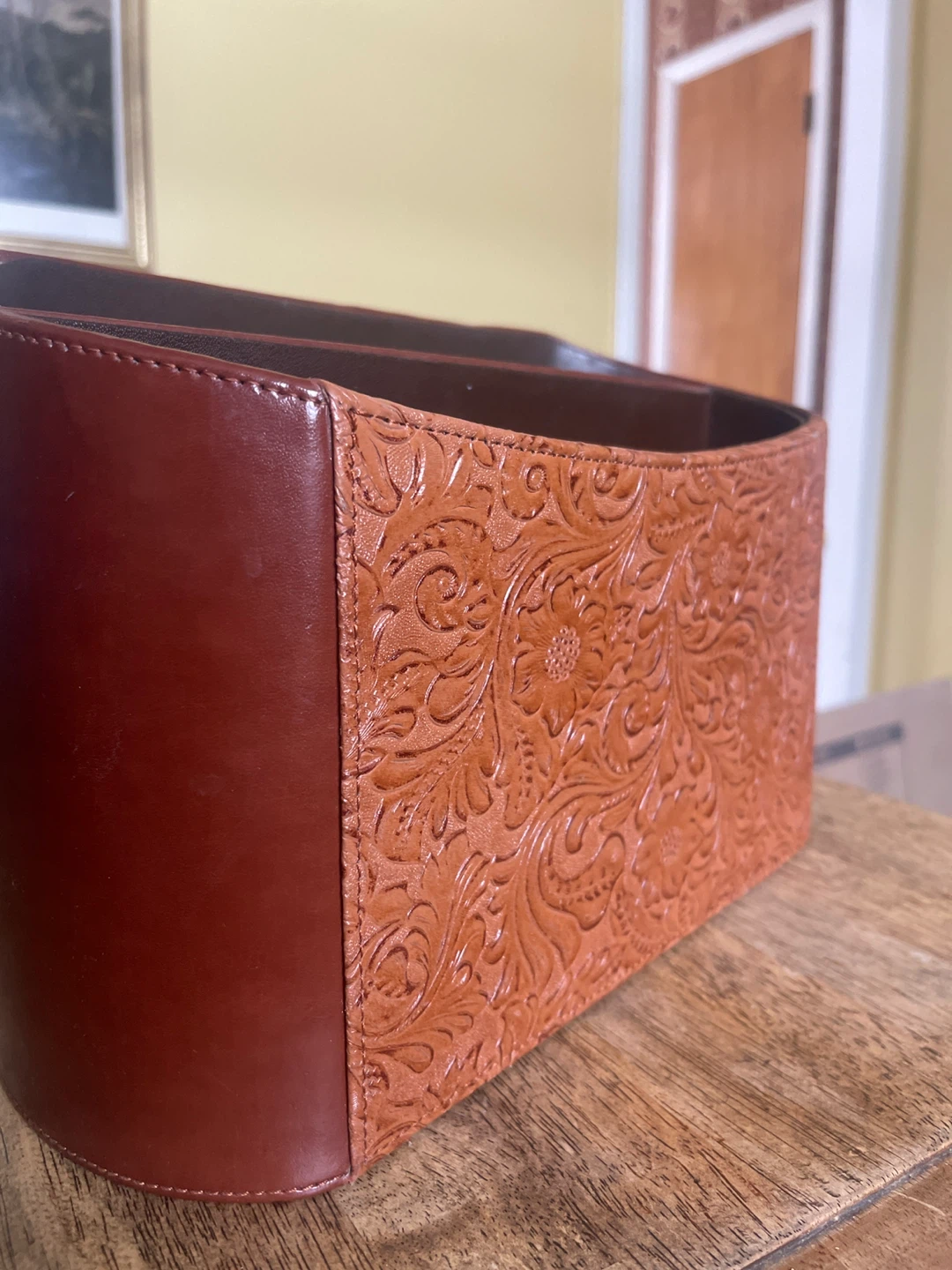 Brown Leather Paper/Magazine Organizer with Floral Embossing - photo 3