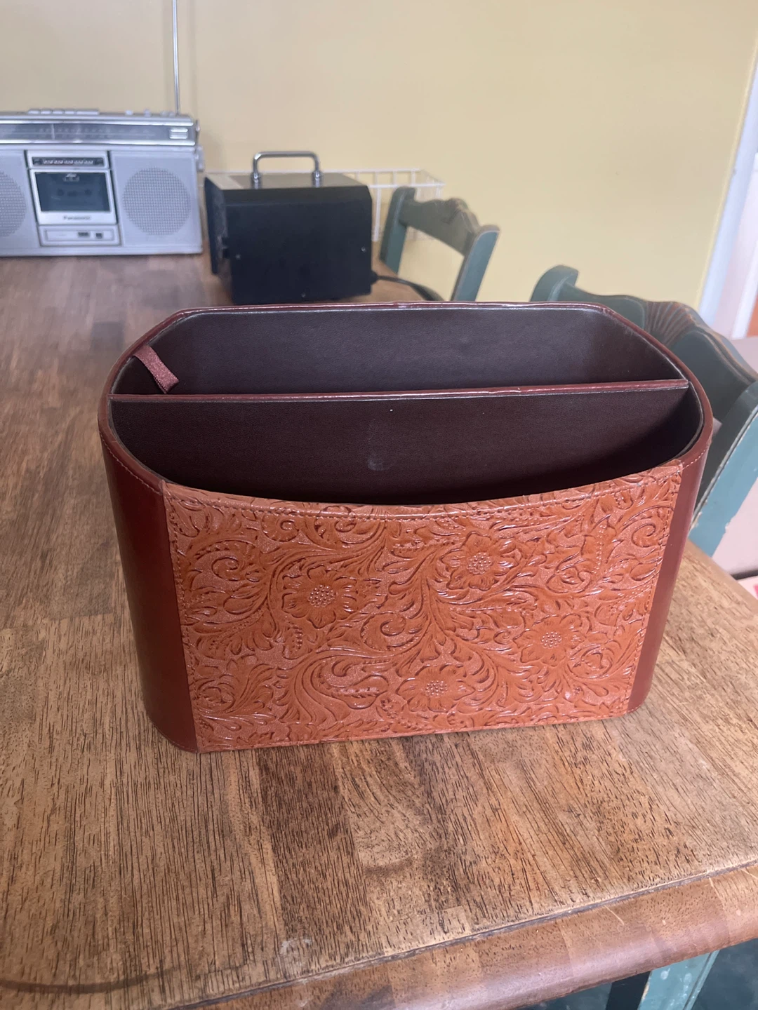 Brown Leather Paper/Magazine Organizer with Floral Embossing