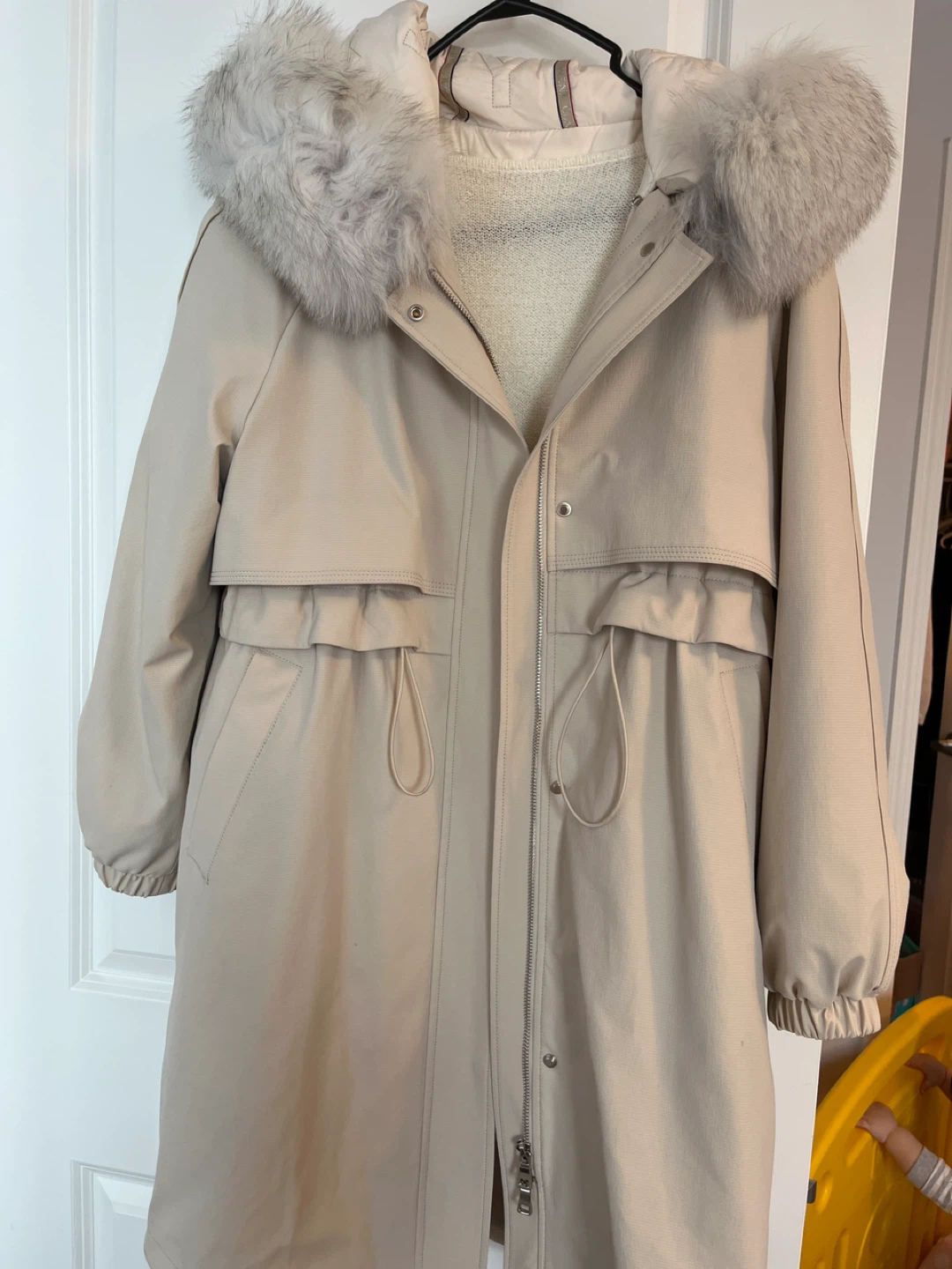 Beige Parka Coat with Faux Fur Hood