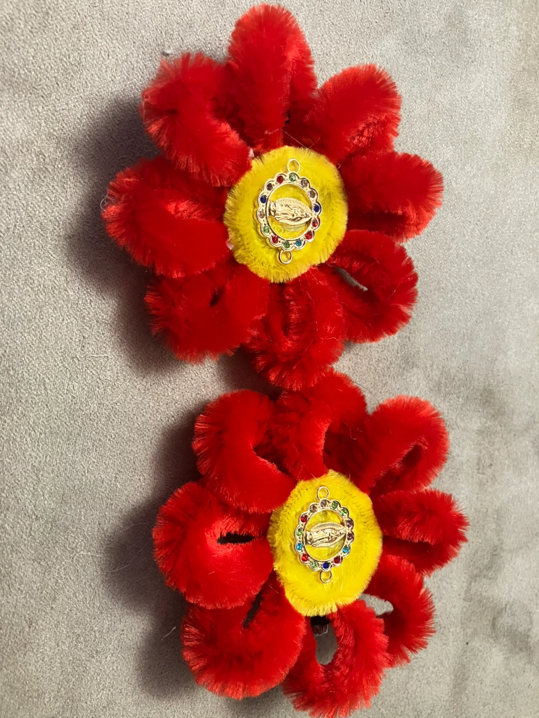 Fuzzy Flower Hair Clips - Red, Green, Yellow