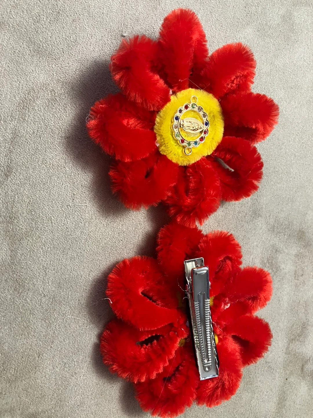 Fuzzy Flower Hair Clips - Red, Green, Yellow - photo 2