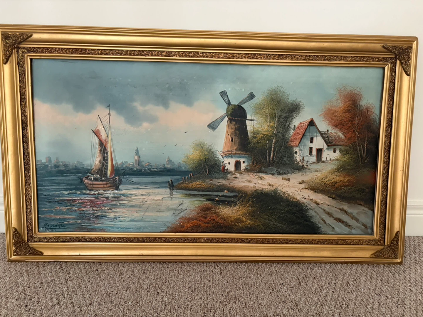 Framed Oil Painting - Sailboat and Windmill Scene