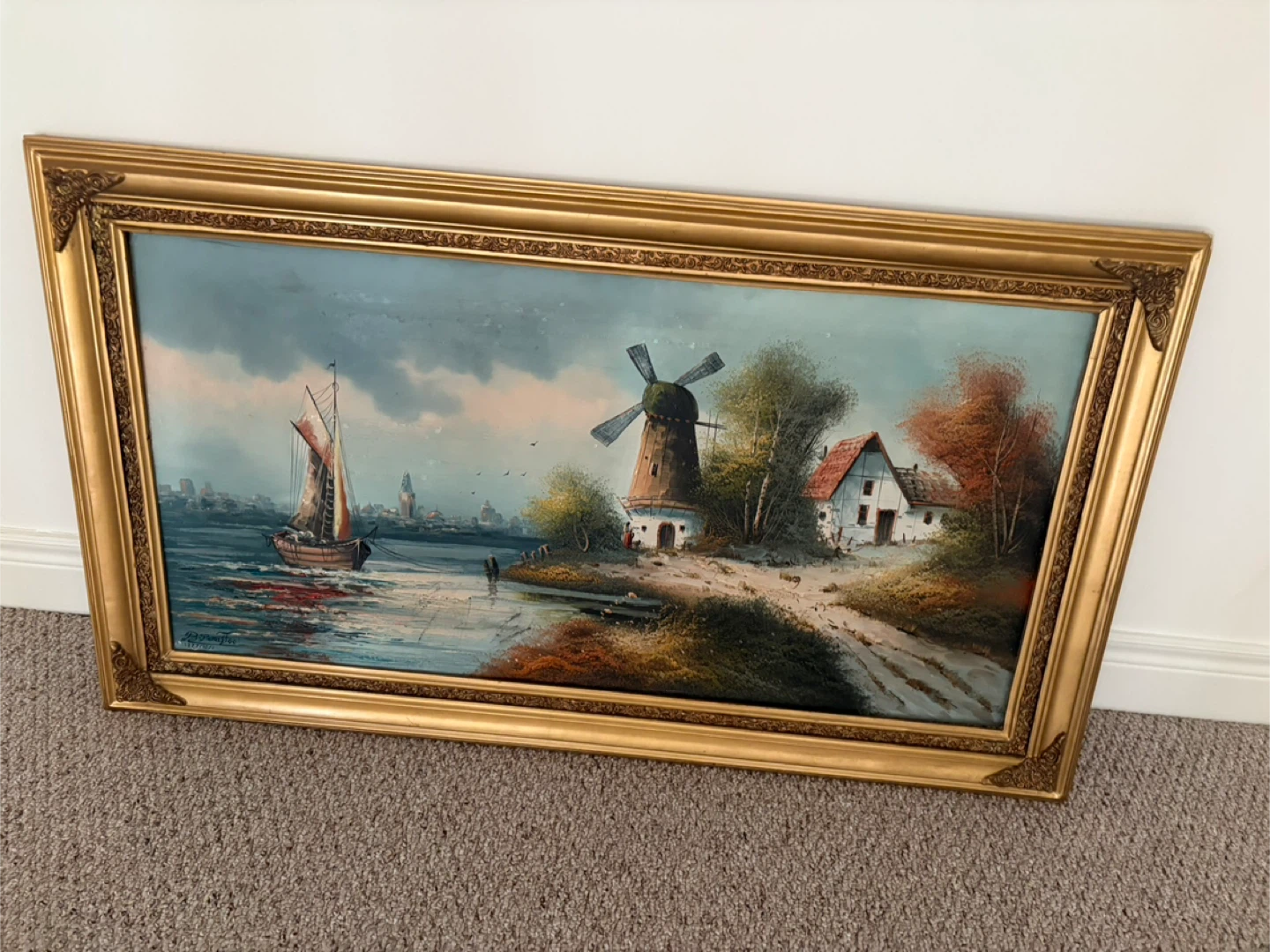 Framed Oil Painting - Sailboat and Windmill Scene - photo 2