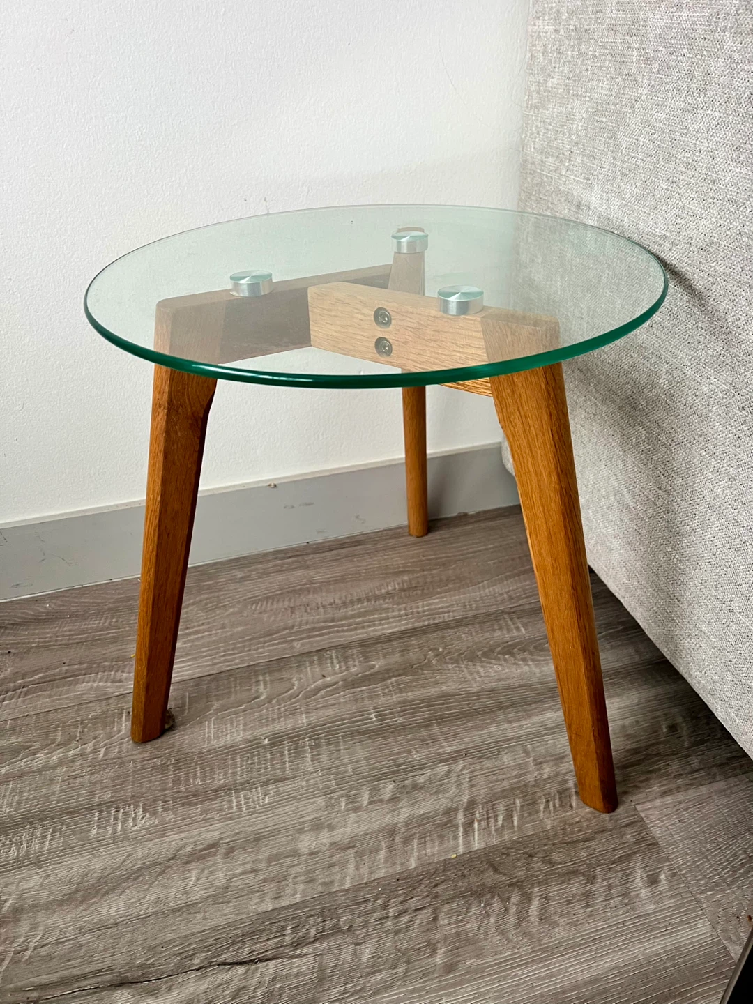 Round Glass Top Side Table with Wooden Legs - photo 2