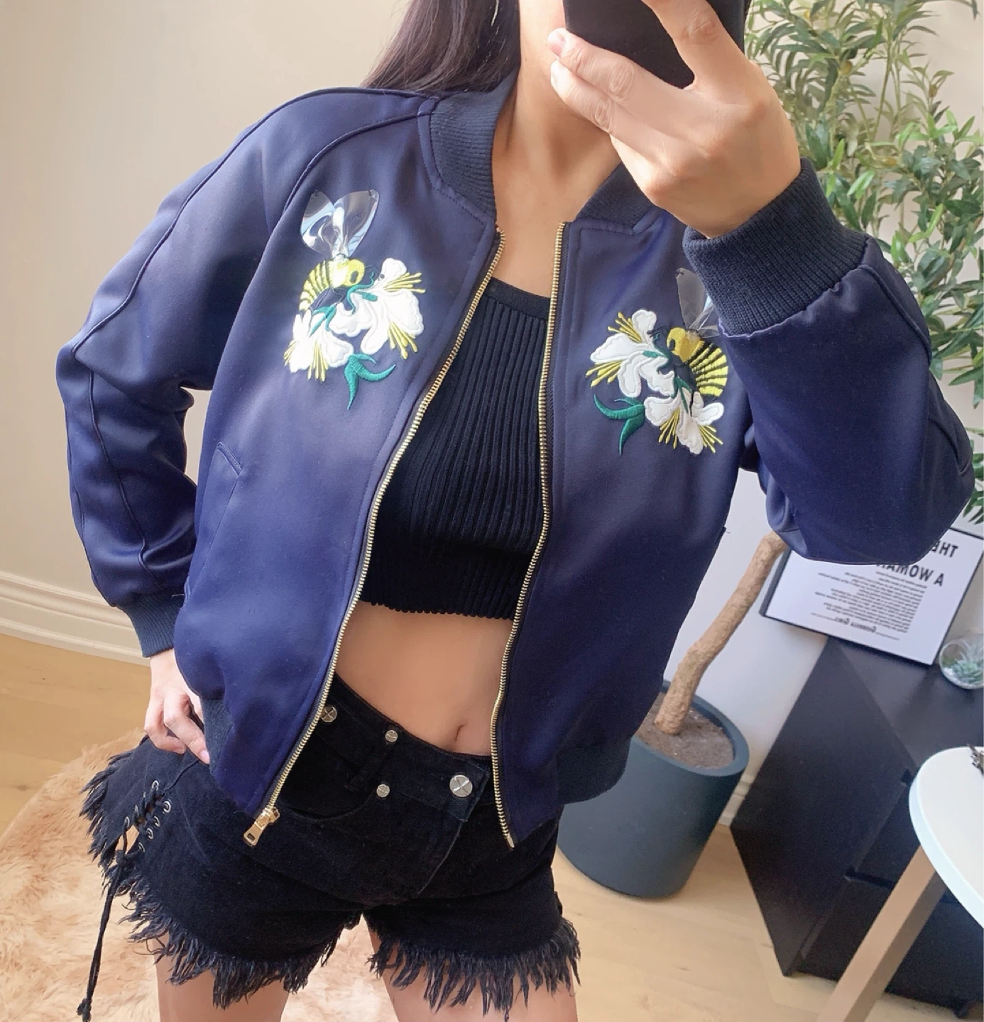 Navy Satin Bomber Jacket with Bee Embroidery – Size M