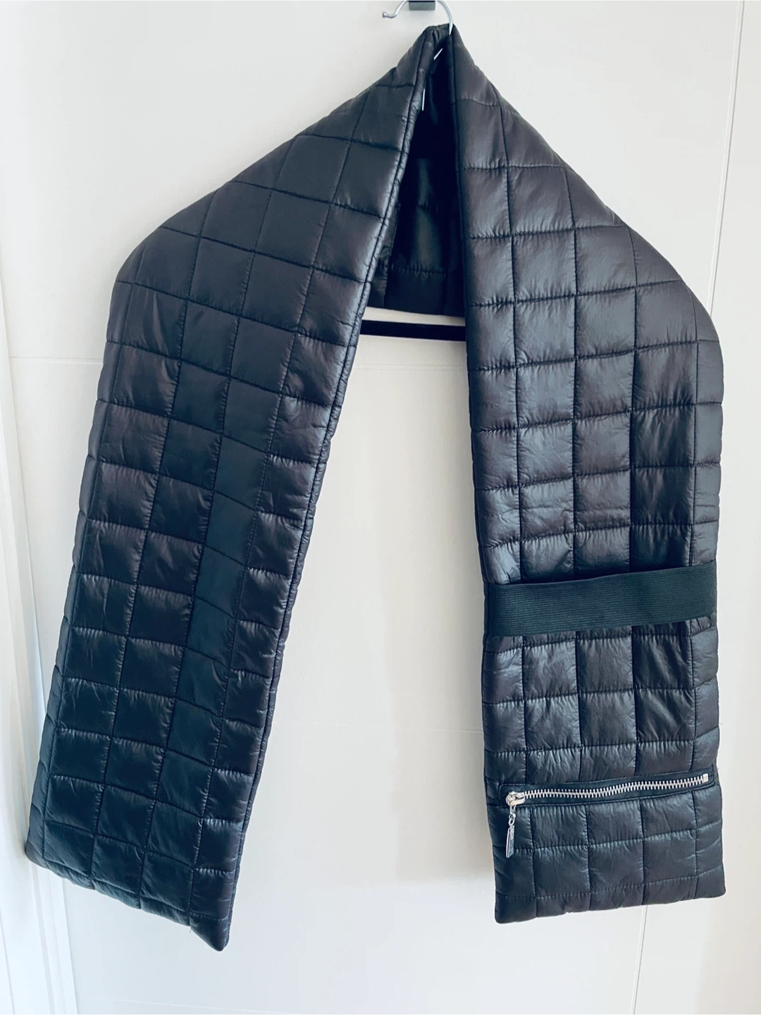 Black Quilted Puffer Scarf with Zipper Pocket - Unisex