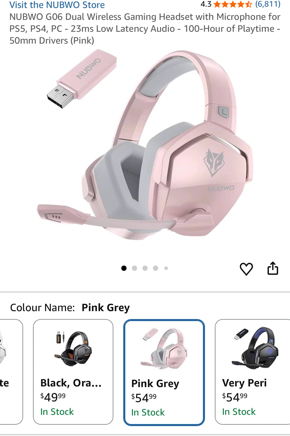 NUBWO G06 Dual Wireless Gaming Headset - Pink Grey