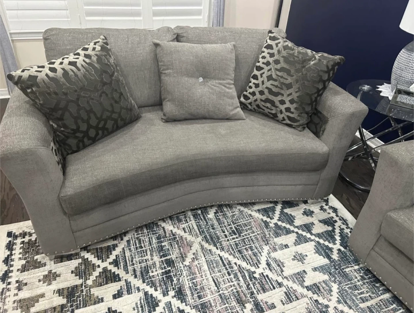 Grey Fabric Curved Sofa with Accent Pillows - photo 2