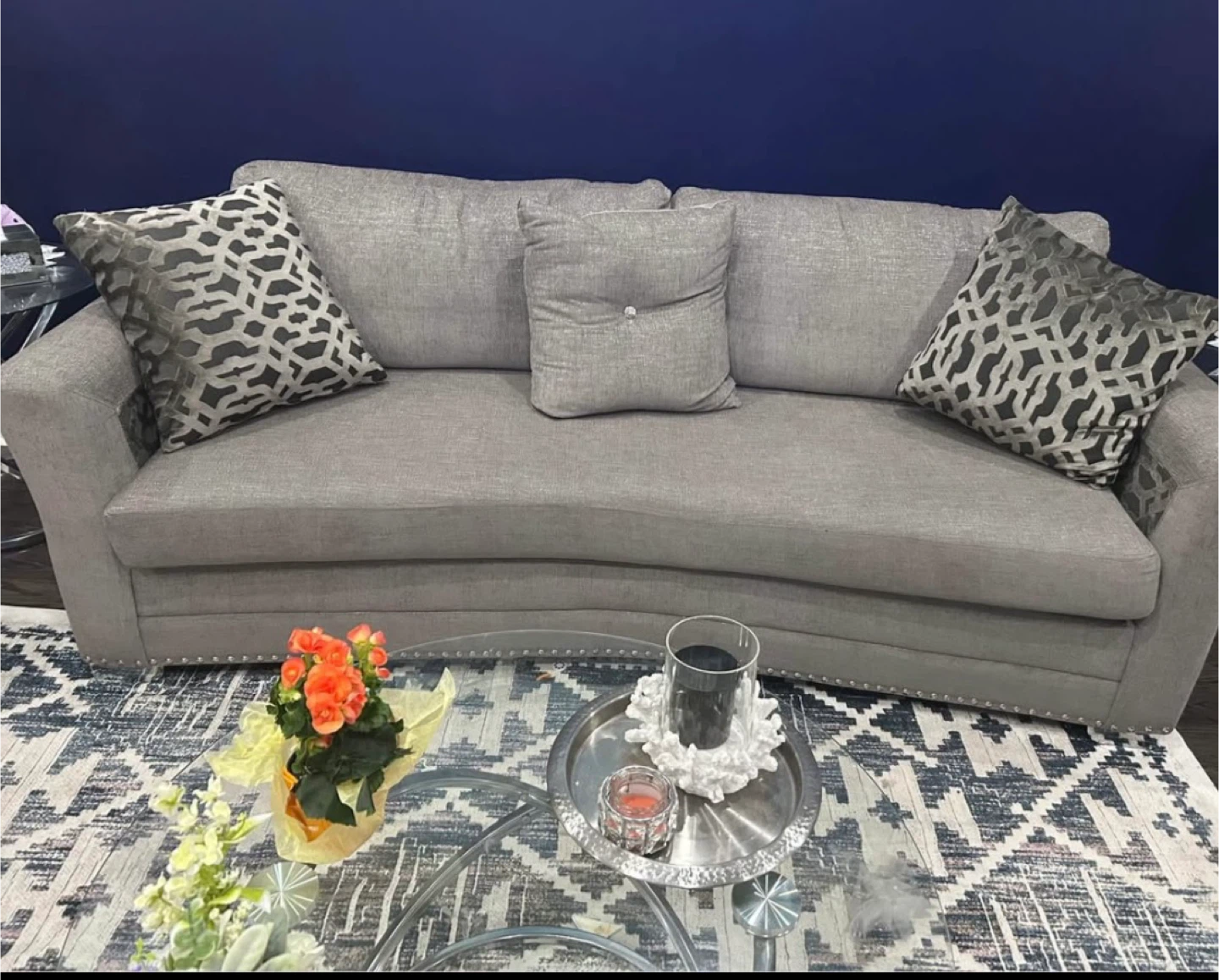 Grey Fabric Curved Sofa with Accent Pillows - photo 3