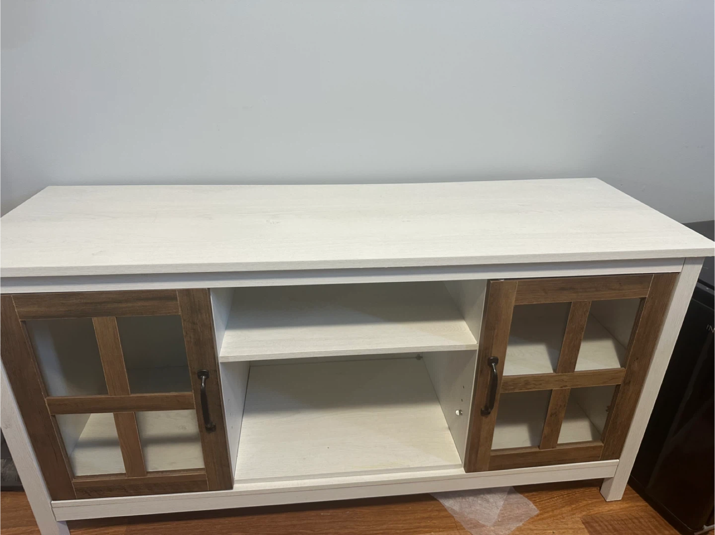 White and Wood TV Stand with Glass Doors