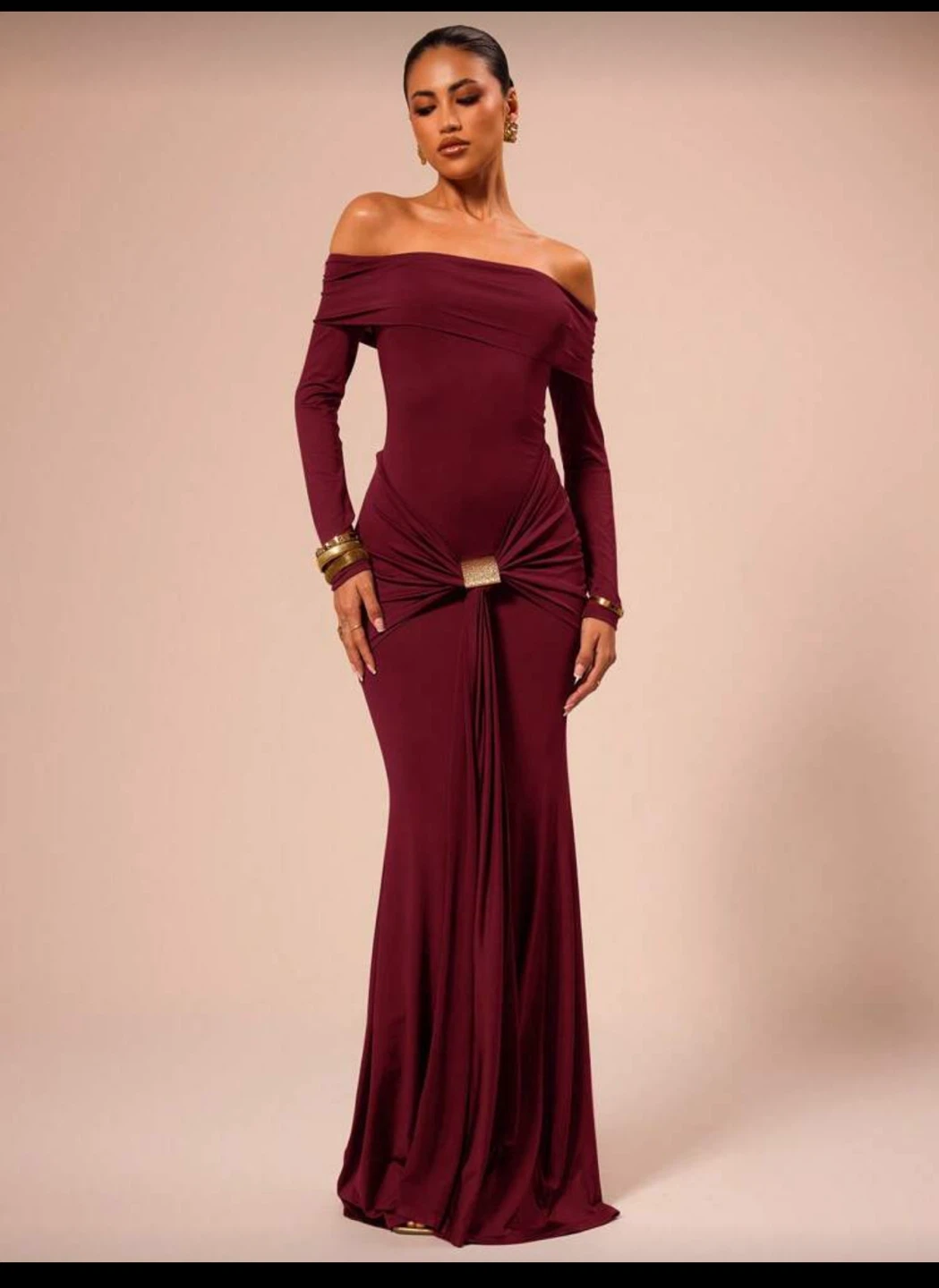 Women's Burgundy Off-the-Shoulder Long Sleeve Gown