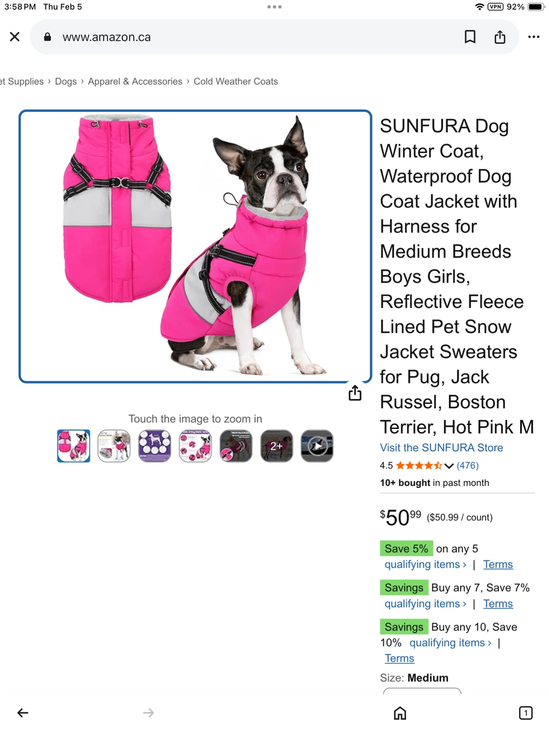 Waterproof Dog Winter Coat Jacket - Medium - Hot Pink
