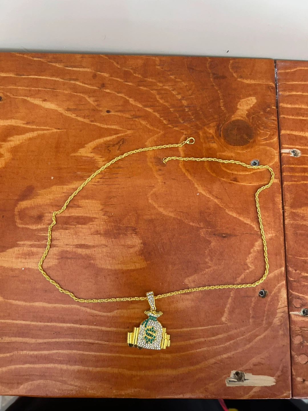 Gold Tone Money Bag Pendant Necklace