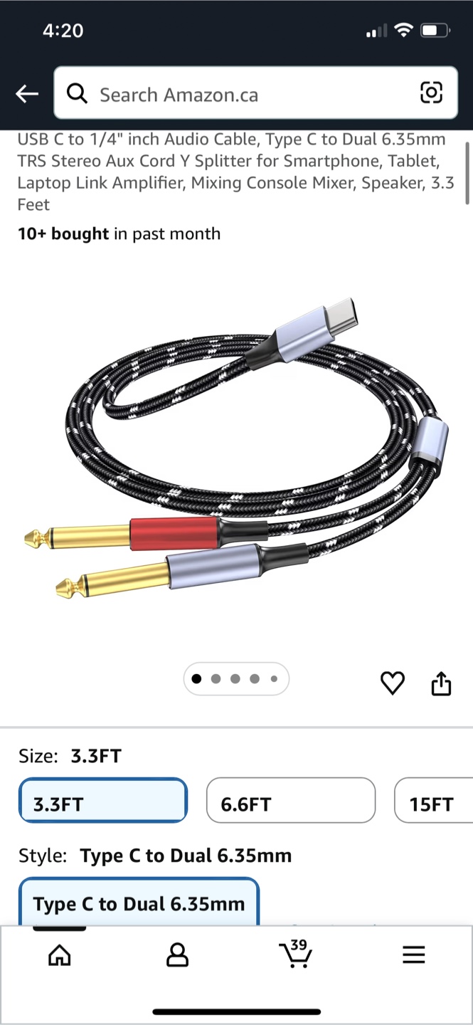 USB C to Dual 6.35mm Audio Cable 3.3FT