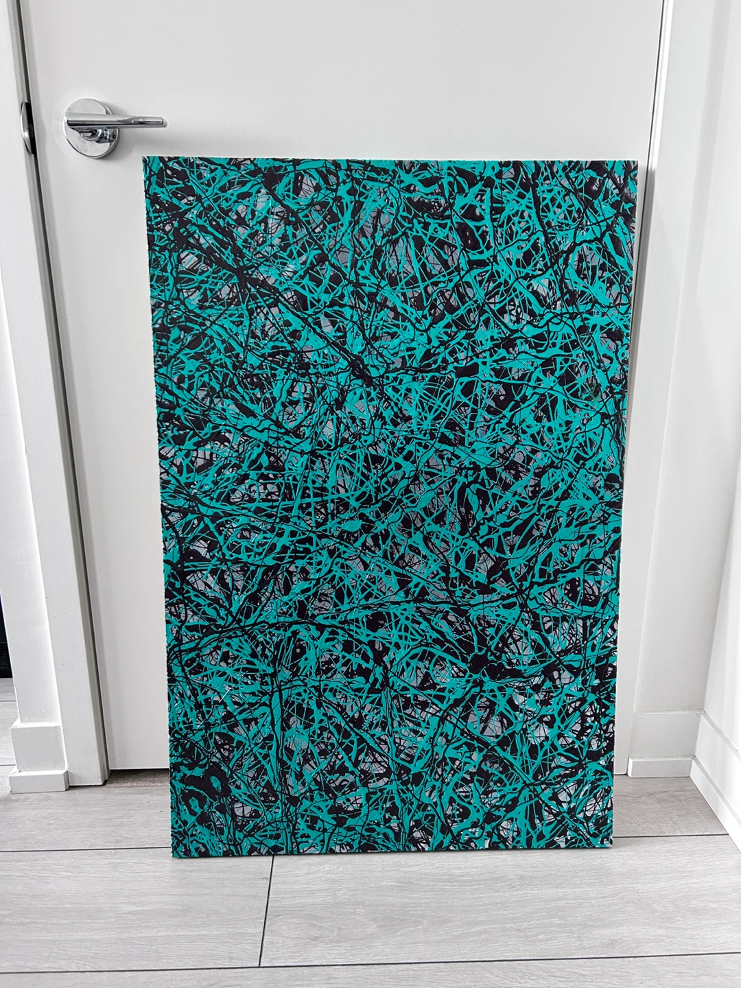 Abstract Teal, Black & Gray Drip Art Canvas