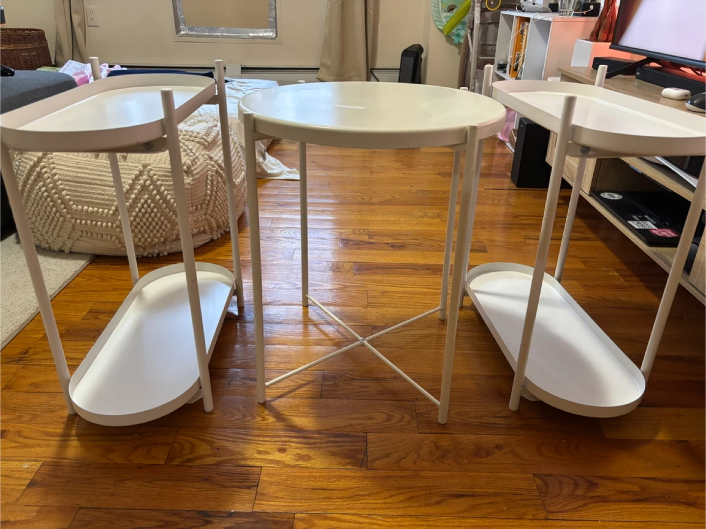 3 pieces of 2 tier stand and a round table