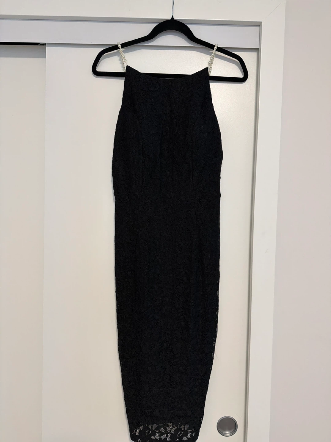 Black Lace Midi Dress with Pearl Straps - Suzy Shier