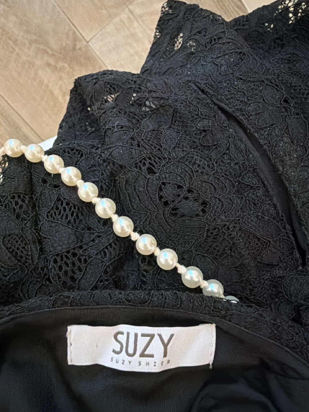 Black Lace Midi Dress with Pearl Straps - Suzy Shier - photo 3