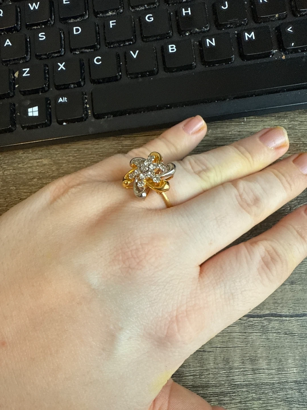 Gold and Silver Flower Ring with Clear Stones