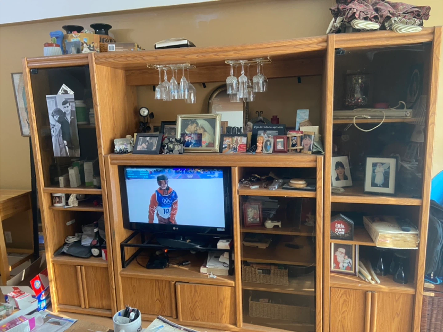 Oak Entertainment Unit with Glassware Rack