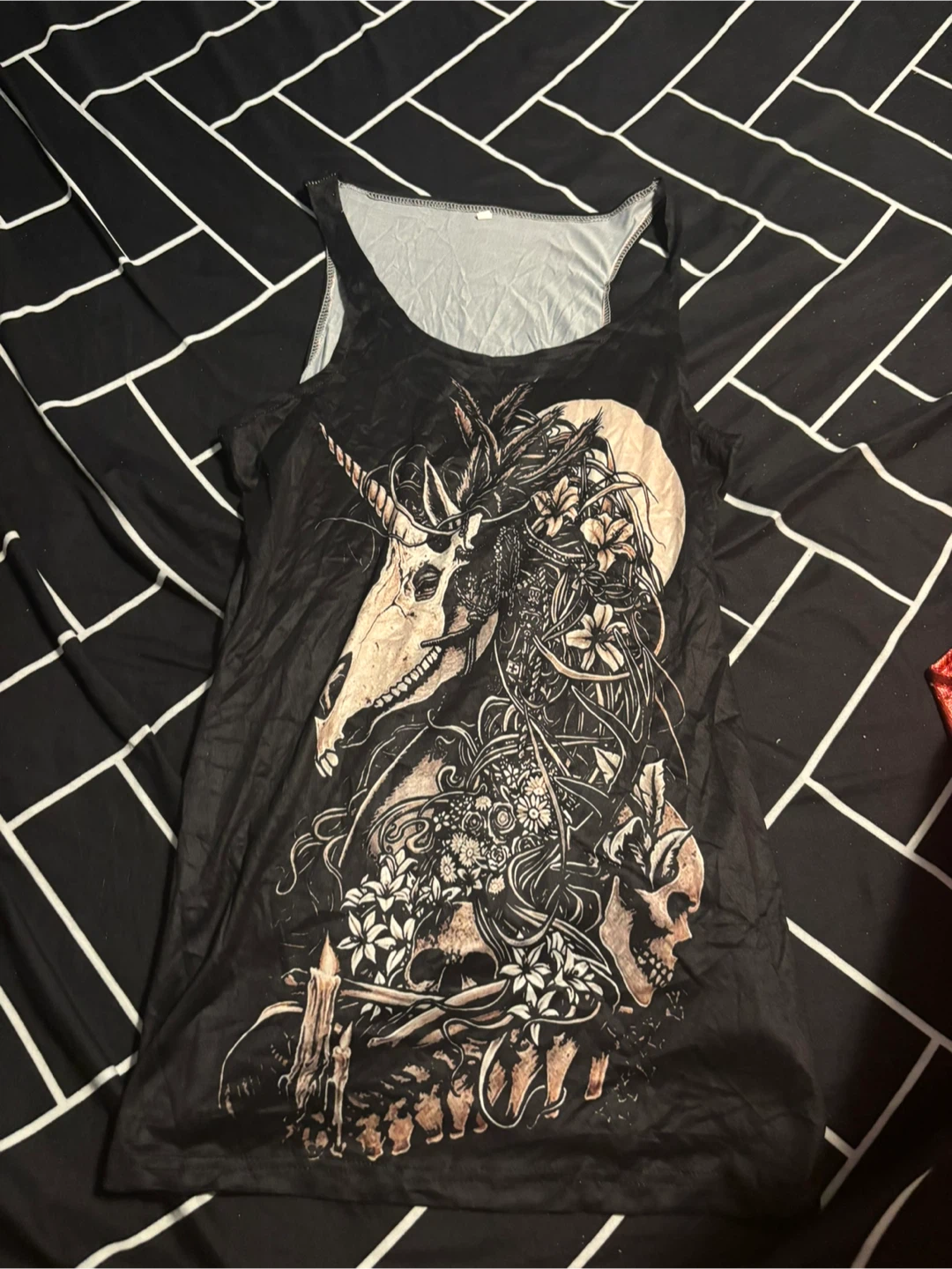 Black Graphic Tank Top with Unicorn and Skull Print