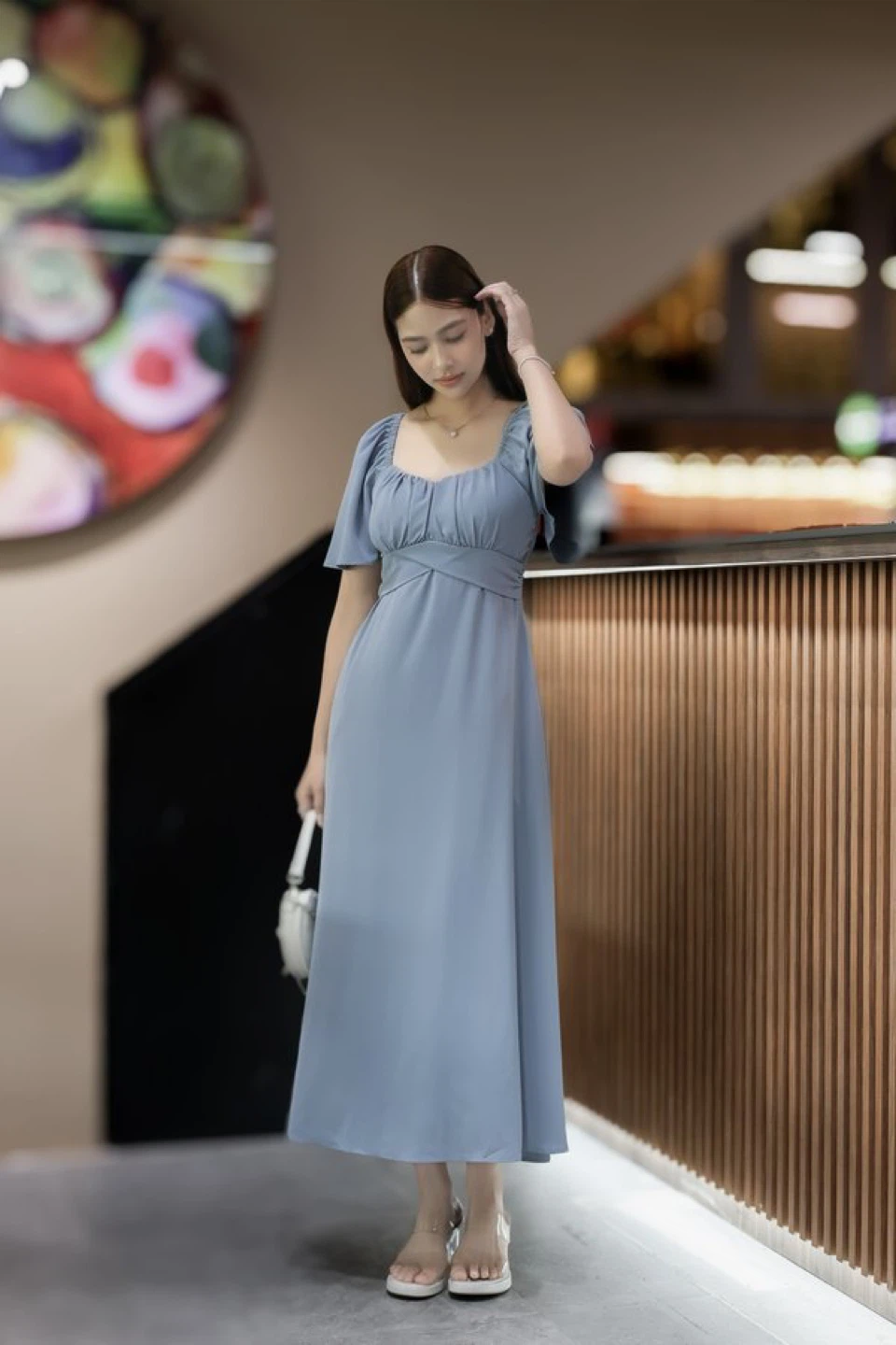 Blue Puff Sleeve Midi Dress