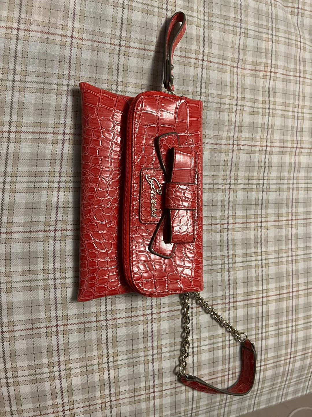 Guess Red Croc Embossed Clutch with Chain Strap