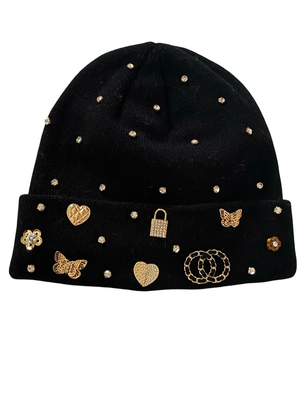 ALDO Black Beanie with Rhinestone and Charm Embellishments