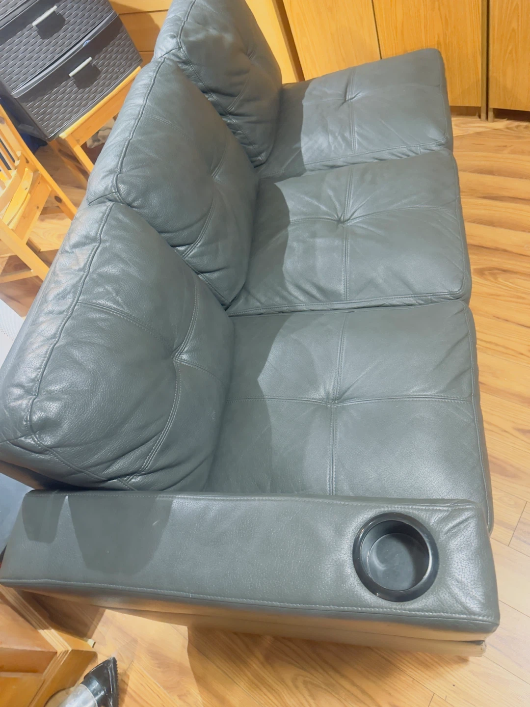 Grey Leather Loveseat with Cupholders