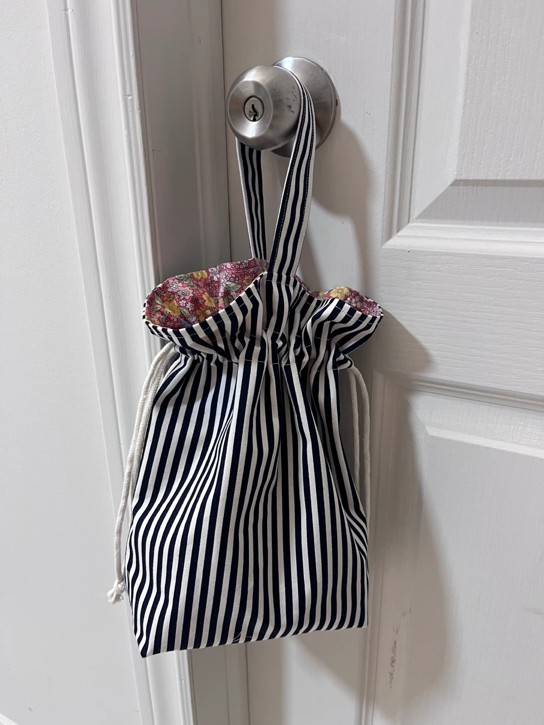Striped Drawstring Bag with Floral Lining