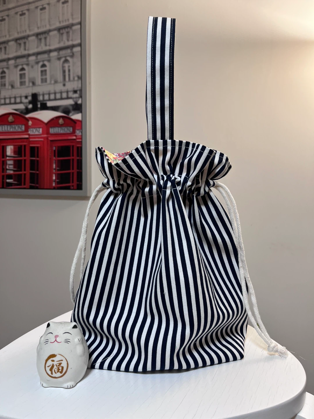 Striped Drawstring Bag with Floral Lining - photo 3
