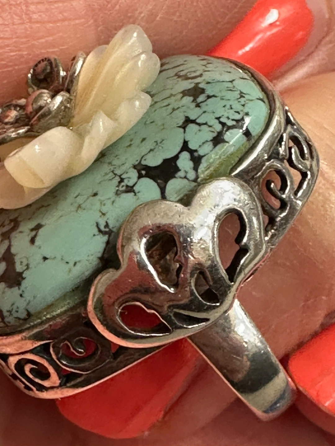 Turquoise and Shell Flower Ring size 8 - photo 4