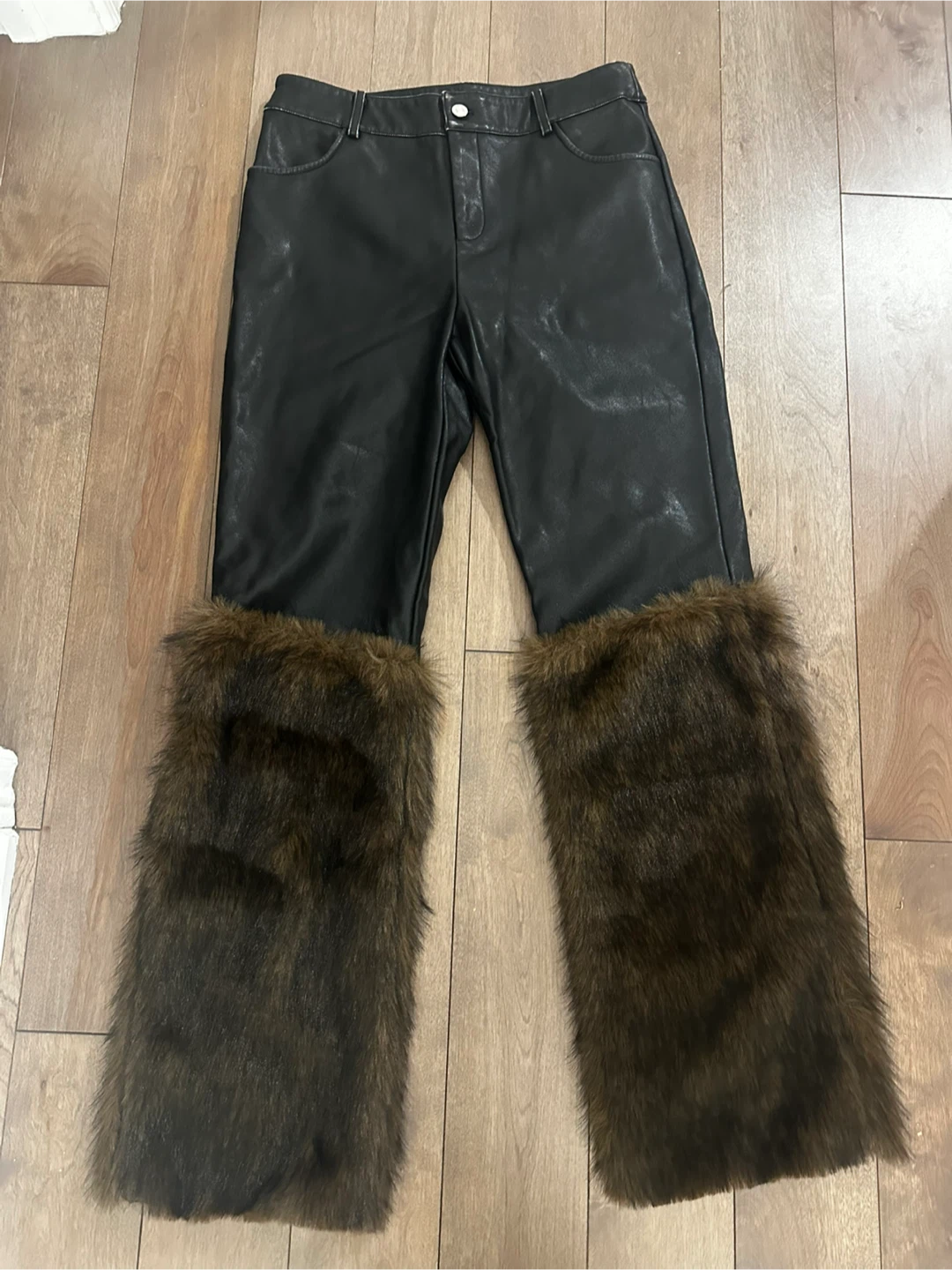 New Fashion Nova Black Faux Leather Pants with Fur Trim - Size M