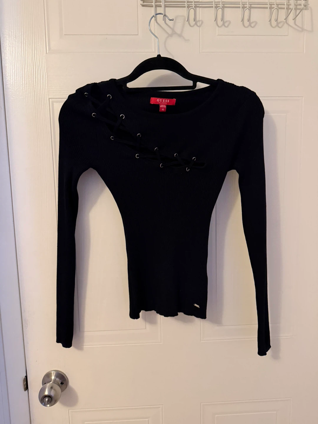 Guess Black Lace-Up Ribbed Long Sleeve Sweater