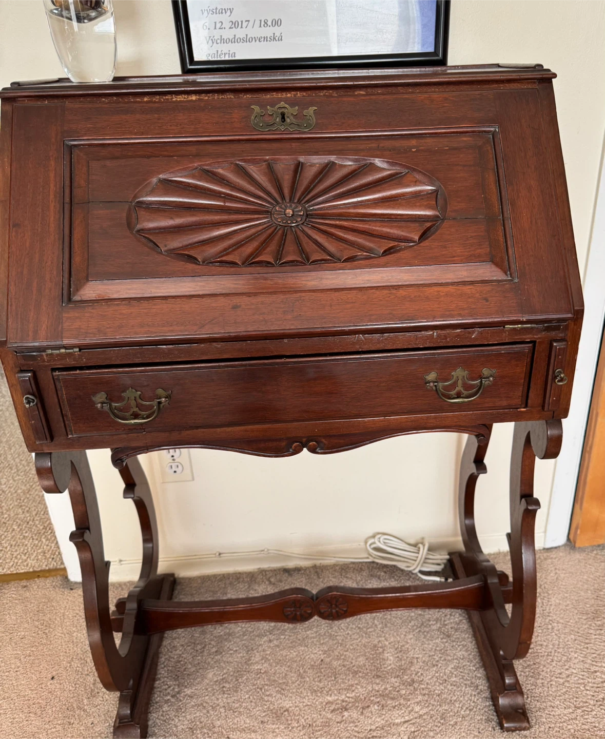 Antique Wooden Writing Desk with Carved Detail