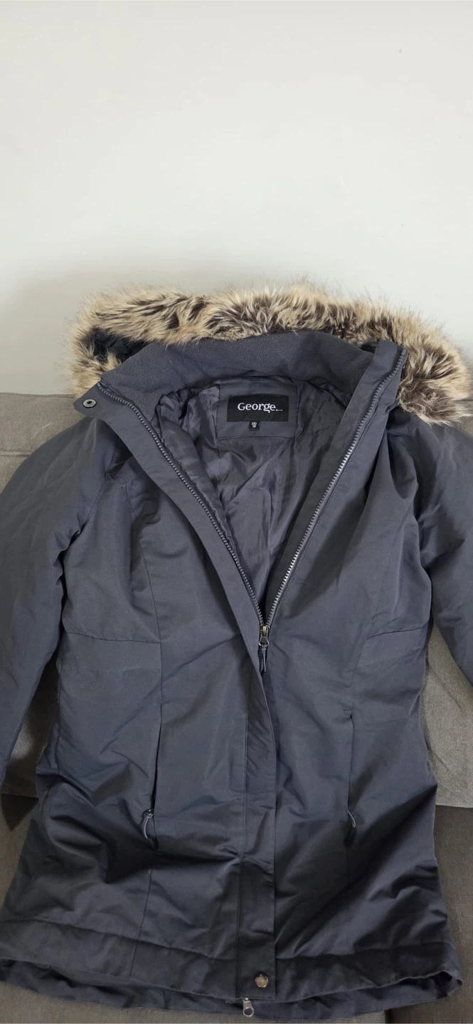 George Women's Dark Grey Parka Jacket with Faux Fur Hood.