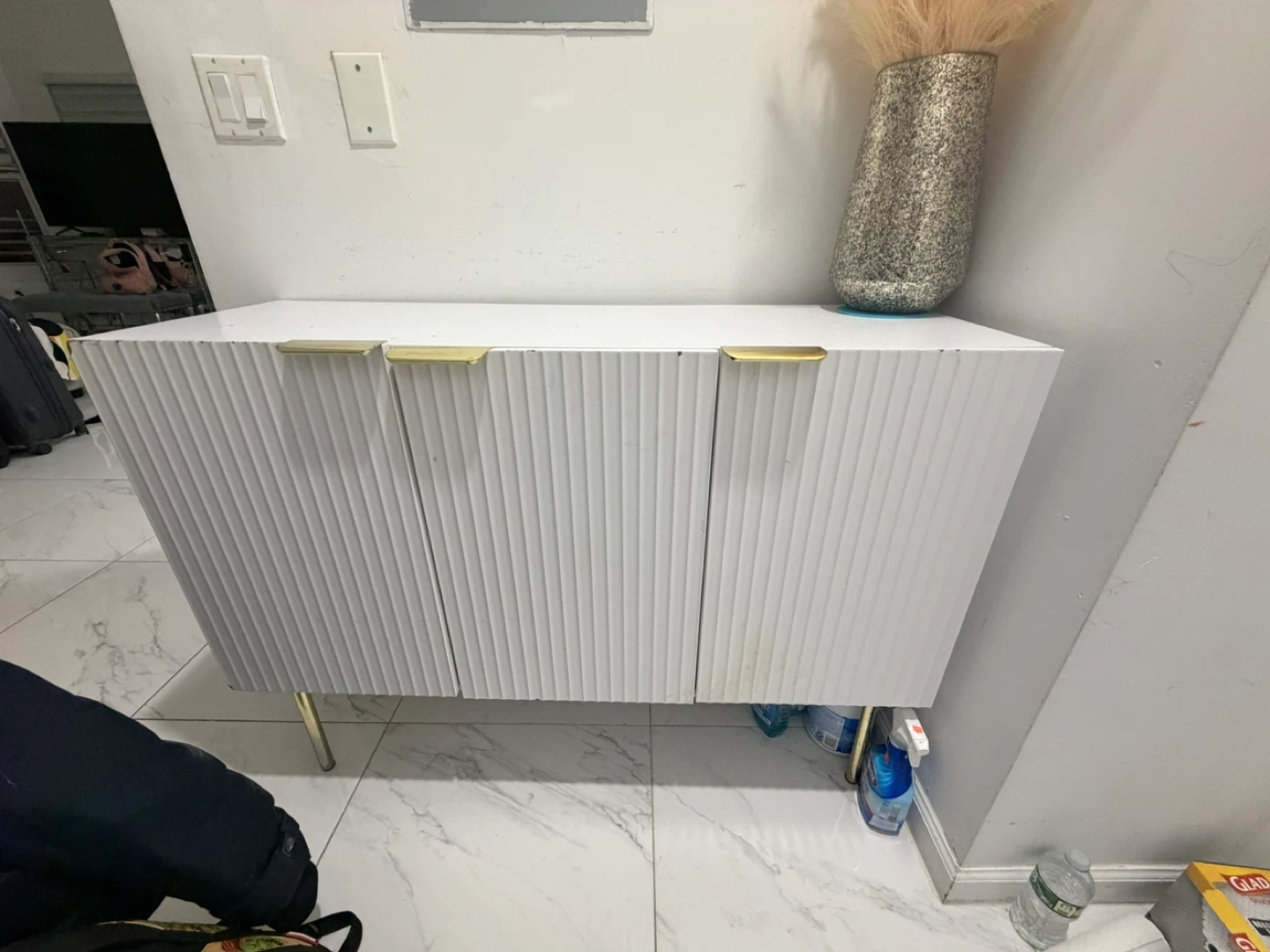 White 3-Door Cabinet with Gold Legs