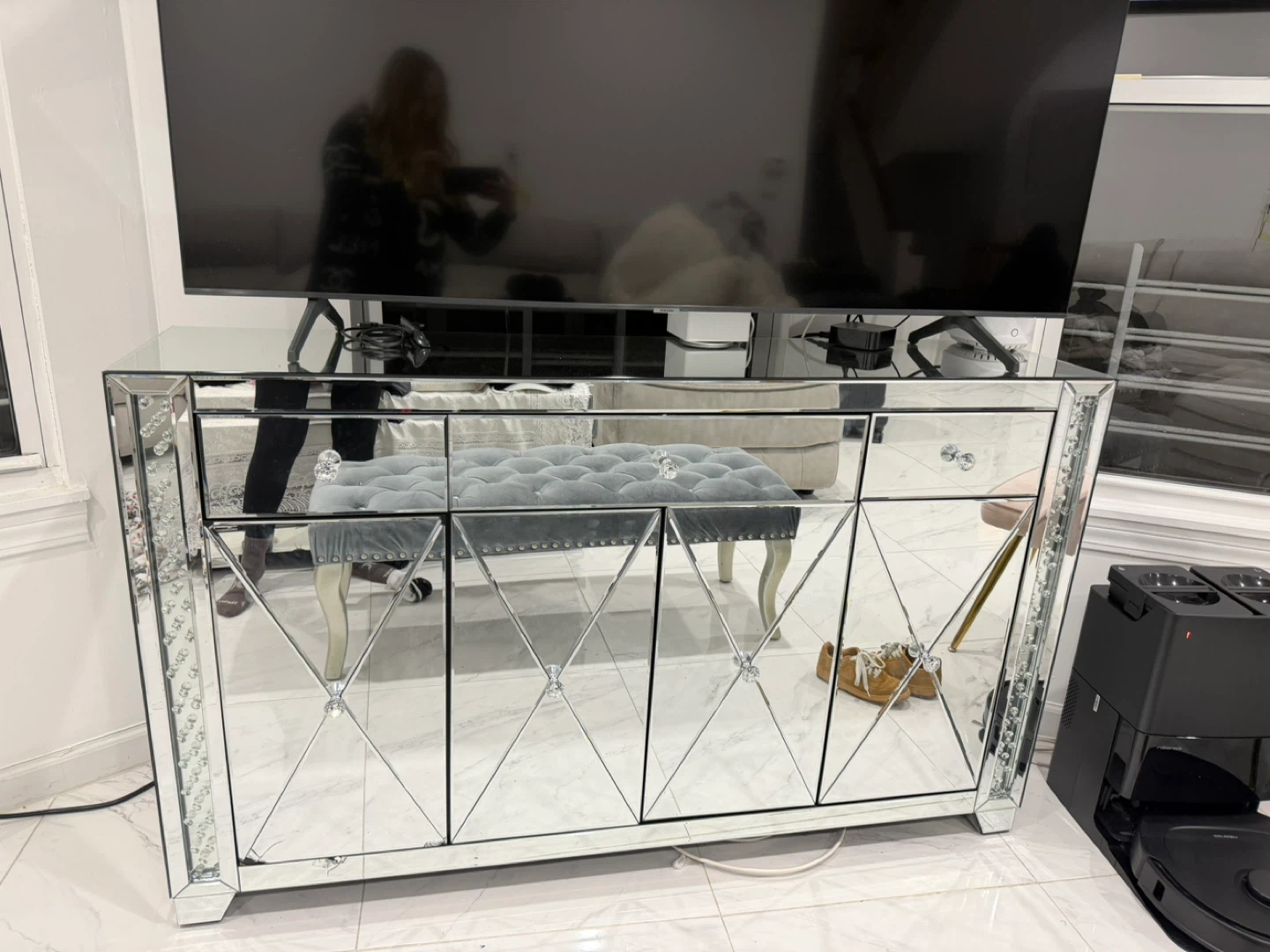 Mirrored Media Console with Crystal Accents