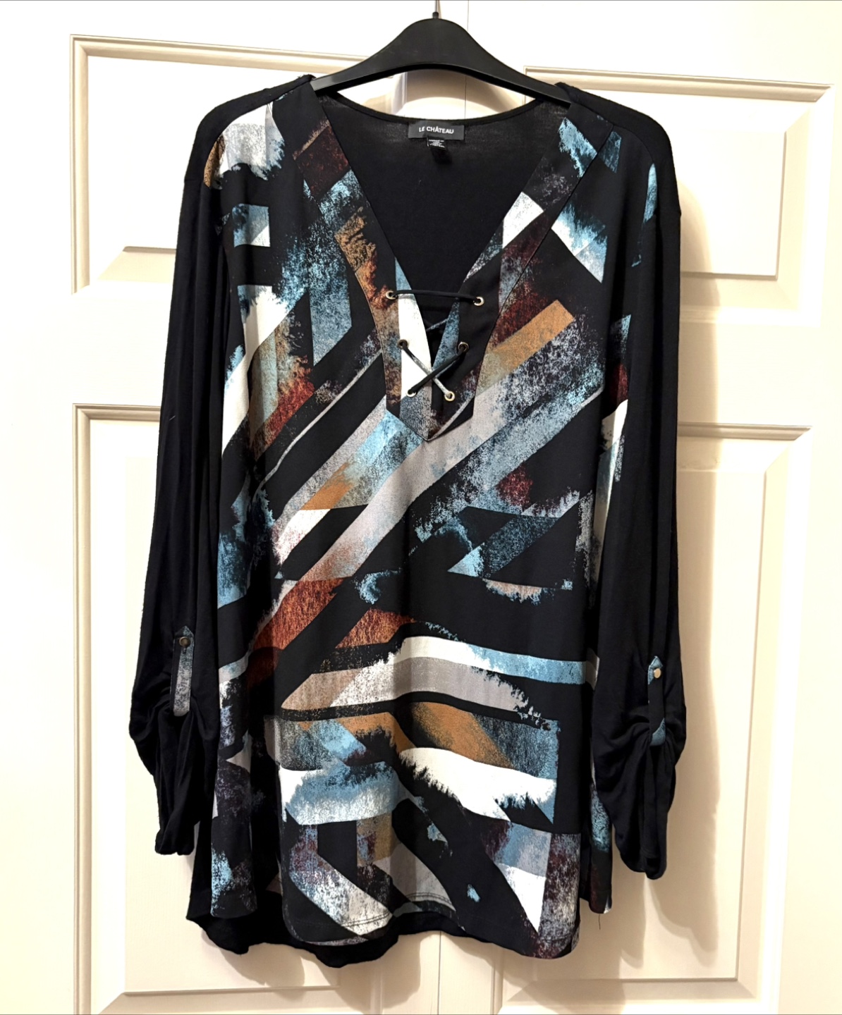 Le Château Long Sleeve Print Top with Lace-Up Neckline