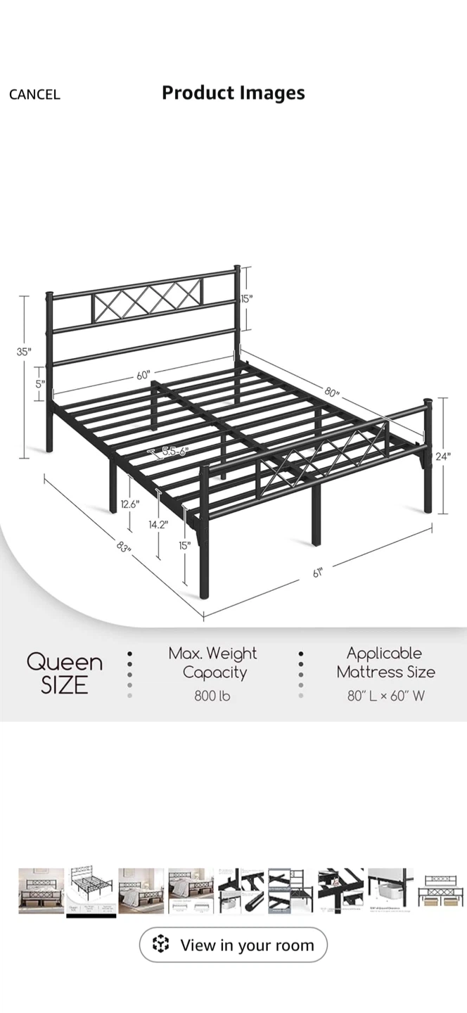 Yah ee Tech Queen Size Metal Bed Frame - Black