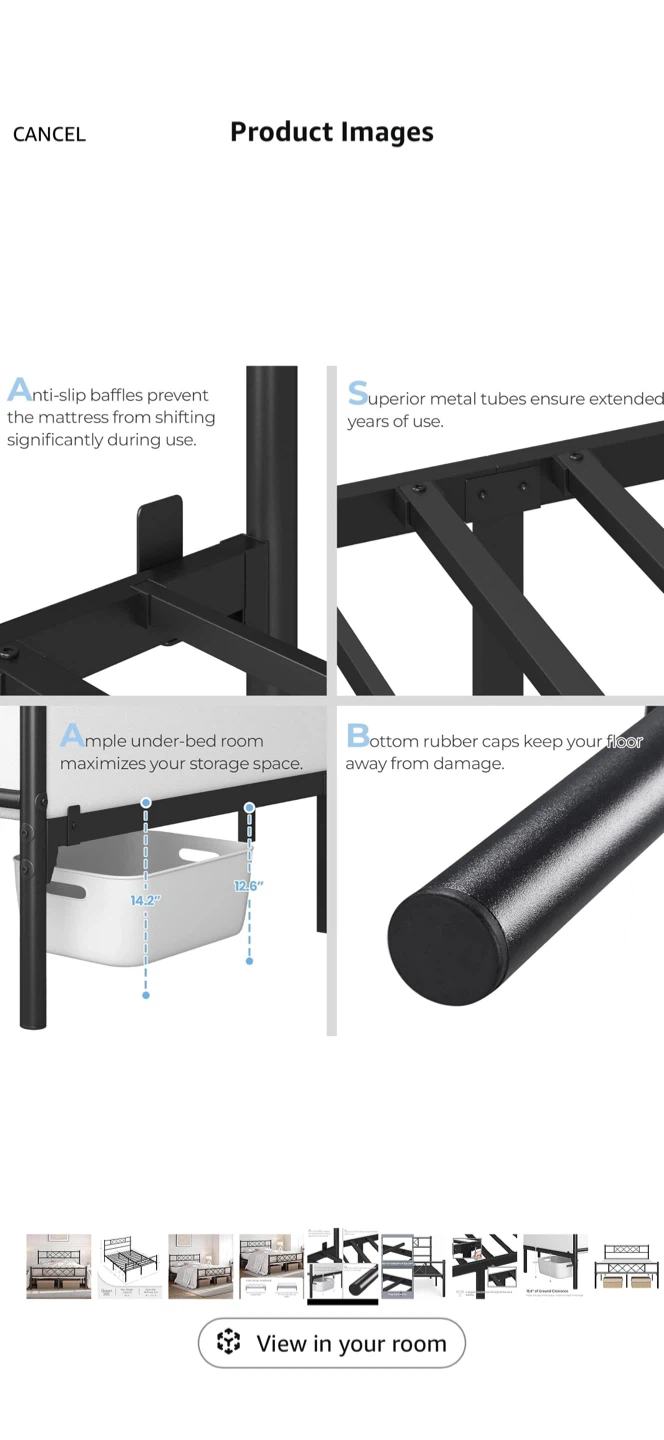 Yah ee Tech Queen Size Metal Bed Frame - Black - photo 5