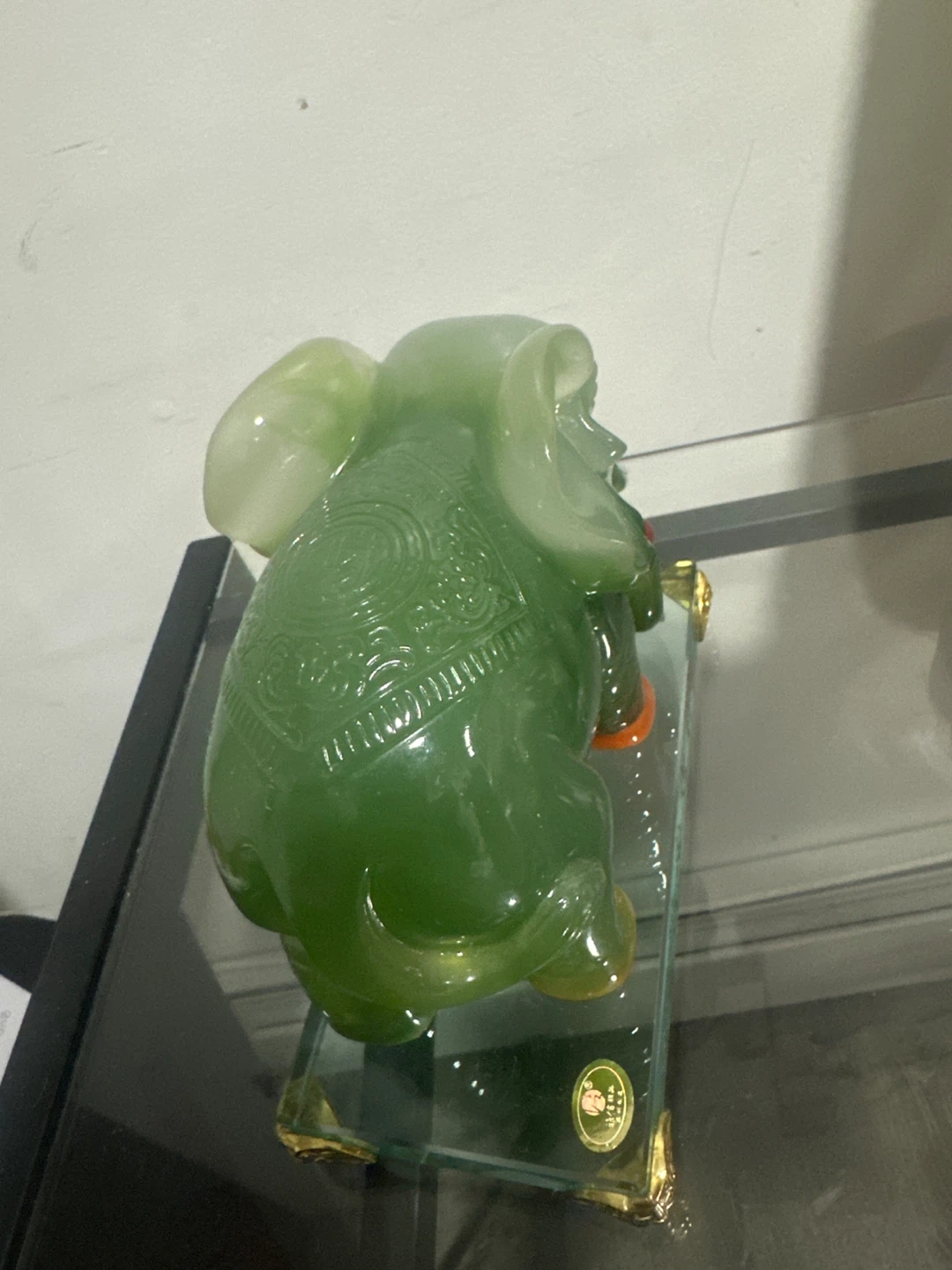 Green Jade Elephant Figurine with Glass Base - photo 2