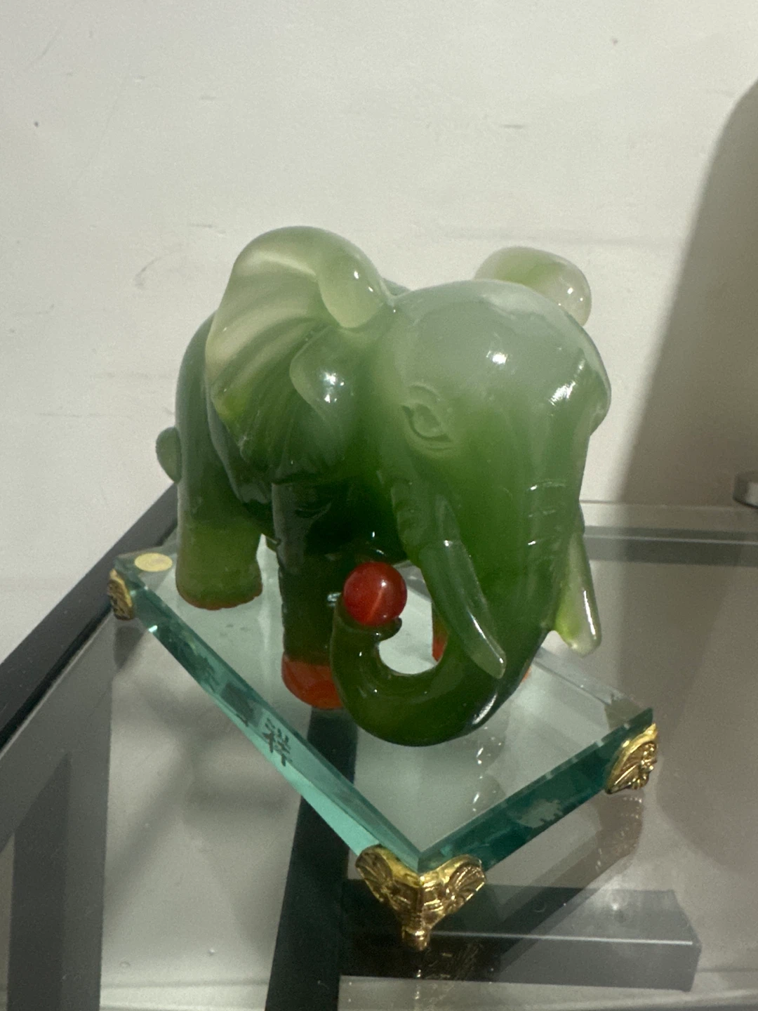 Green Jade Elephant Figurine with Glass Base - photo 3