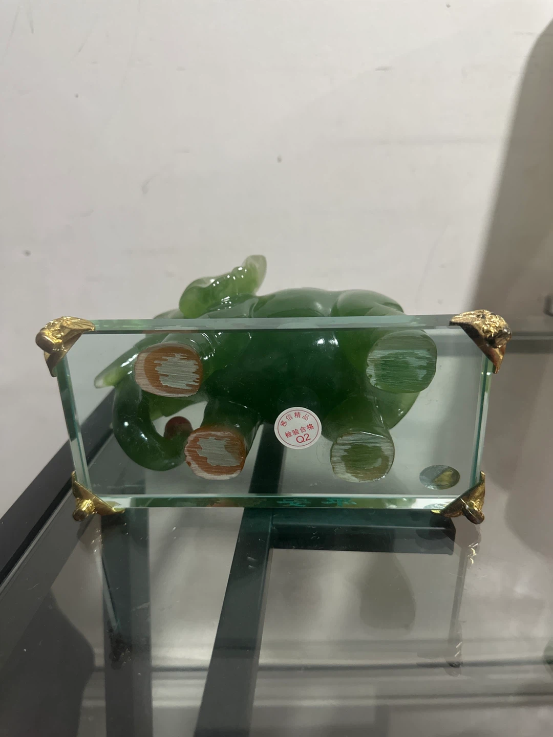 Green Jade Elephant Figurine with Glass Base - photo 4