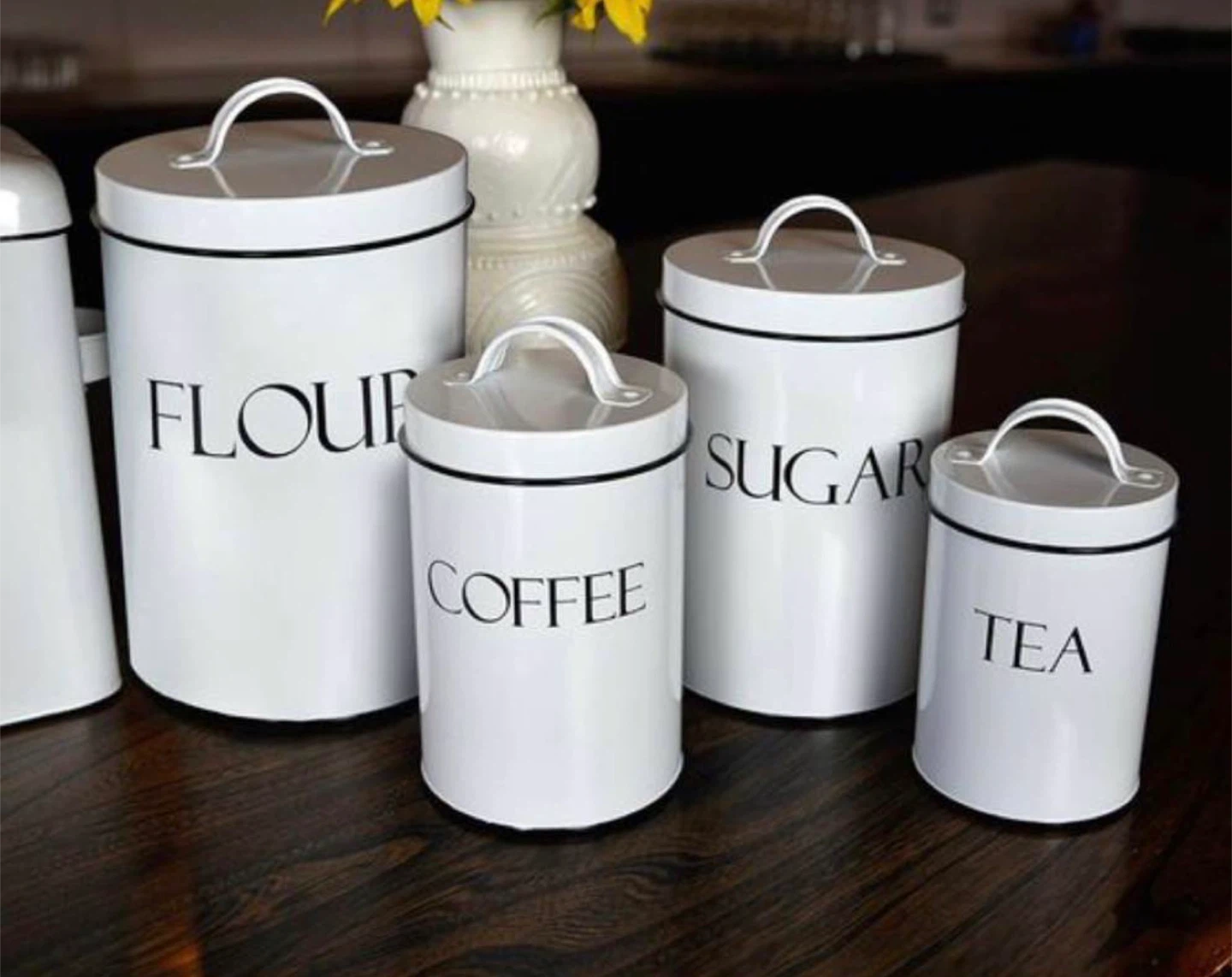 Set of 4 White Kitchen Canisters - Flour, Sugar, Coffee, Tea