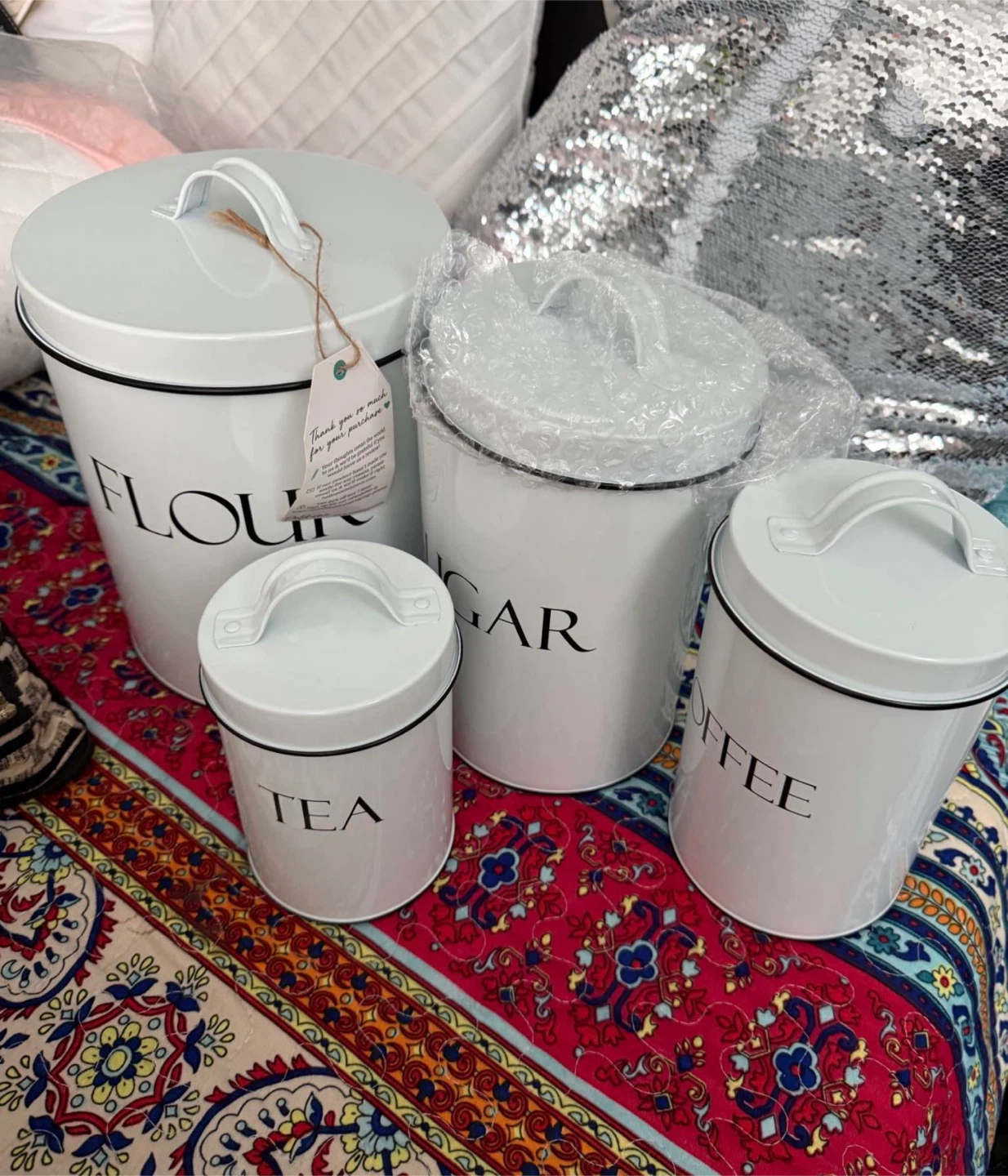 Set of 4 White Kitchen Canisters - Flour, Sugar, Coffee, Tea - photo 2