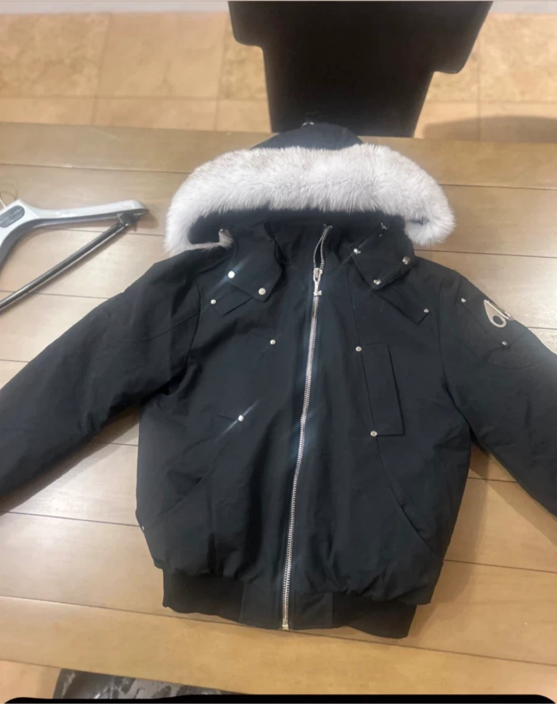Moose Knuckles Black Bomber Jacket with Fur Hood