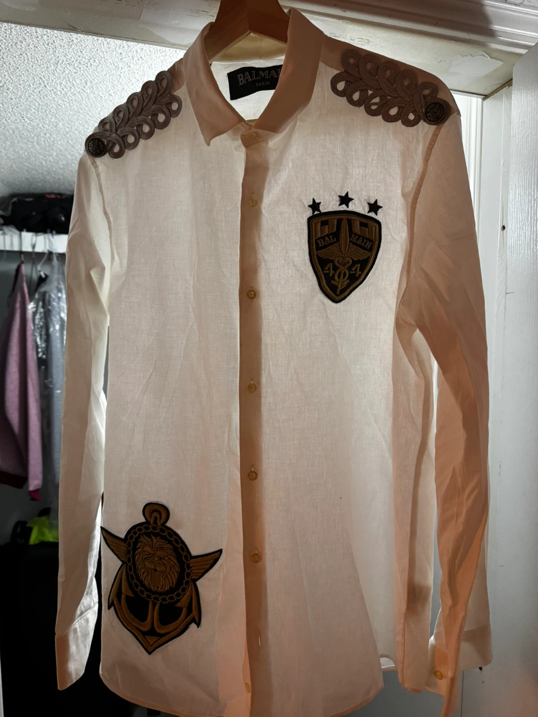 Balmain White Linen Shirt with Patches XXL