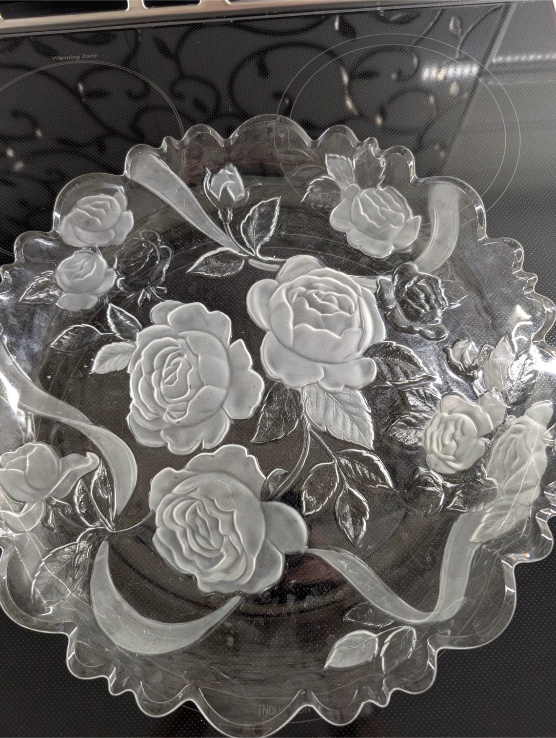 Clear Glass Embossed Rose Serving Plate